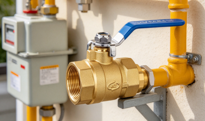 rass gas valve installed on yellow residential gas piping near gas meter wall brackets and pipe joints in clean utility area.